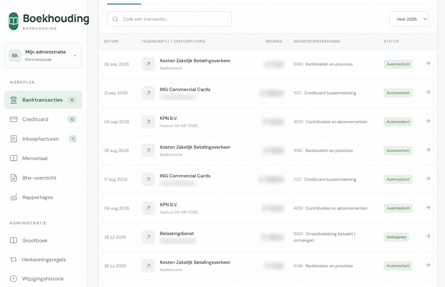 Boekhoudapp met onleesbaar gemaakte bedragen en betalingsreferenties